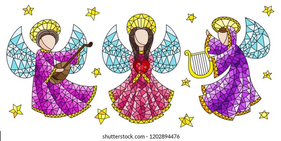 A set of stained glass angels and stars, coloured figures on a white background