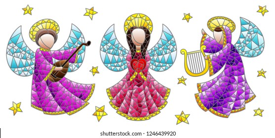 A set of stained glass angels and stars, coloured figures on a white background