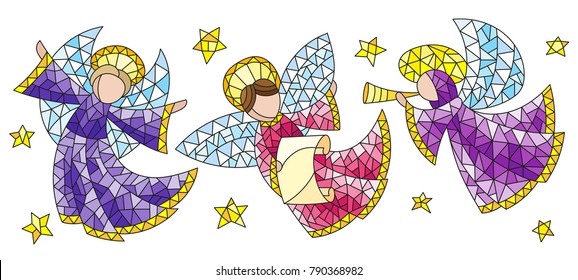 A set of stained glass angels and stars, coloured figures on a white background