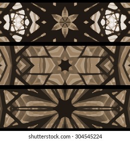 Set of stained glass banners. Three seamless symmetrical background templates. Stylish kaleidoscopic patterns, graphic design elements.
