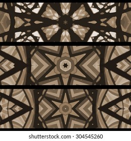 Set of stained glass banners. Three seamless symmetrical background templates. Stylish kaleidoscopic patterns, graphic design elements.