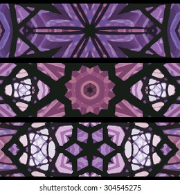 Set of stained glass banners. Three seamless symmetrical background templates. Stylish kaleidoscopic patterns, graphic design elements.