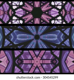 Set of stained glass banners. Three seamless symmetrical background templates. Stylish kaleidoscopic patterns, graphic design elements.