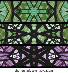 Set of stained glass banners. Three seamless symmetrical background templates. Stylish kaleidoscopic patterns, graphic design elements.