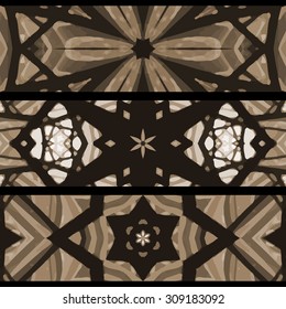 Set of stained glass banners. Three seamless symmetrical background templates. Stylish kaleidoscopic patterns, graphic design elements.