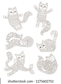 Set of stained glass contour elements with rainbow cats , isolated outline images on white background