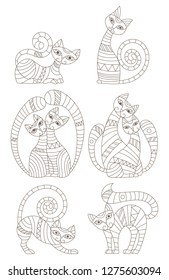 Set of stained glass contour elements with rainbow cats , isolated outline images on white background