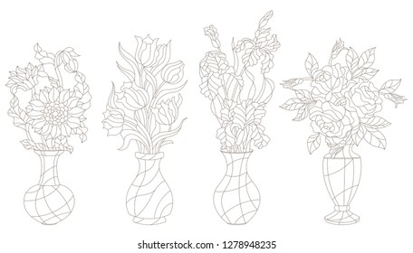 Set of stained glass , contour elements, vases with flowers, tulips, roses, irises and sunflowers in bright vases, isolated on white background