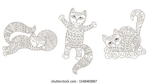 Set of stained glass contour elements with funny cartoon cats, isolated images on white background