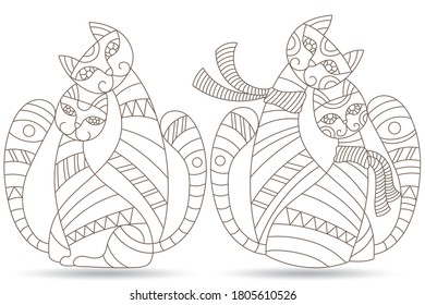 Set of stained glass contour elements with rainbow cats , isolated outline images on white background