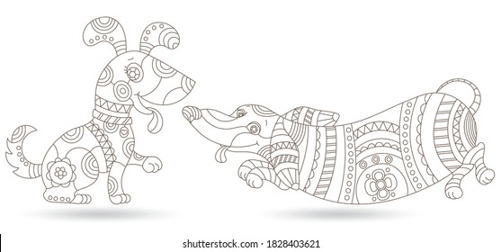 Set of stained glass contour elements with dogs , isolated outline images on white background