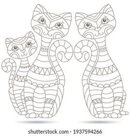 Set of stained glass contour elements with rainbow cats , isolated outline images on white background