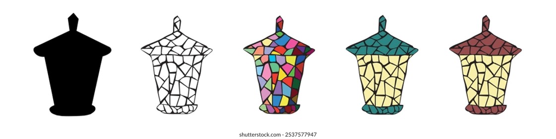 Set of stained glass decorative lanterns isolated on white background. Concept of mosaic art, colorful patterns, decorative lighting, geometric shapes, street lanterns, vintage. Design elements.