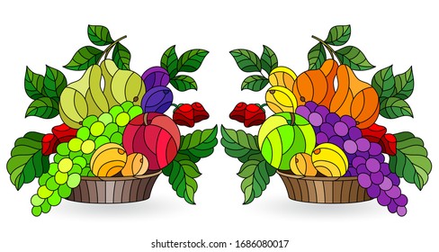 A set of stained glass elements with abstract fruit still lifes, bright fruits and berries isolated on a white background