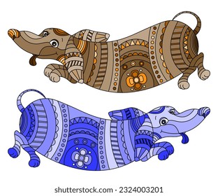 Set of stained glass elements with abstract Dachshund dogs, animals isolated on a white background, tone blue and brown