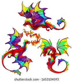 Set of stained glass elements with bright winged dragons, isolates on white background