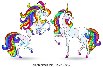 Set of stained glass elements with bright unicorns, isolates on white background
