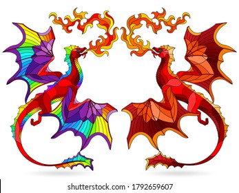 Set of stained glass elements with bright winged dragons, isolates on white background