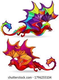 Set of stained glass elements with bright winged dragons, isolates on white background