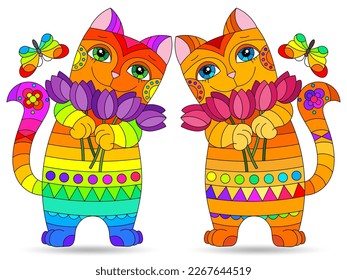 Set of stained glass elements with bright cats , isolated images on white background