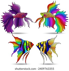 Set of stained glass elements with bright rainbow aquarium fishes , fishes isolated on white background