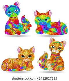 Set of stained glass elements with bright cats , isolated images on white background
