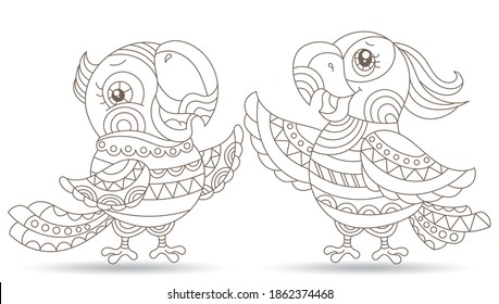 Set of stained glass elements with carton outline parakeets, contour birds isolated on white background