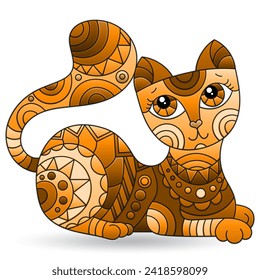 Set of stained glass elements with a cat , isolated image on white background, tone brown