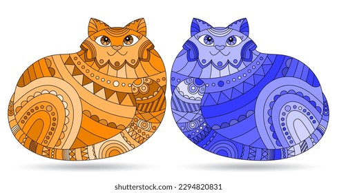 Set of stained glass elements with cats , isolated images on white background, tone blue and brown