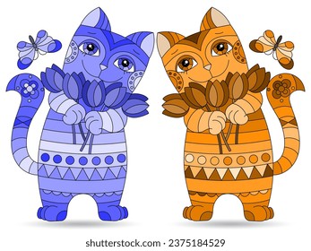 Set of stained glass elements with cats , isolated images on white background, tone blue and brown