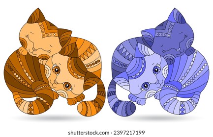Set of stained glass elements with a  cats , isolated images on white background, tone blue and brown