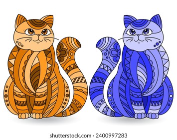 Set of stained glass elements with a cats, isolated images on white background, tone blue and brown