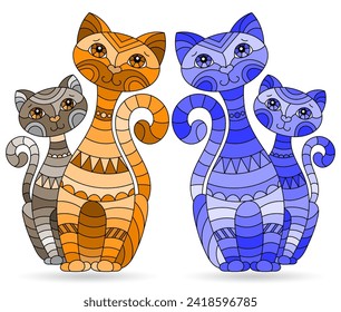 Conjunto de elementos de vidrio manchado con gatos , imágenes aisladas sobre fondo blanco, tono azul y marrón