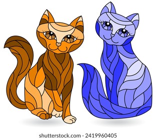 Set of stained glass elements with a cats , isolated images on white background, tone blue and brown
