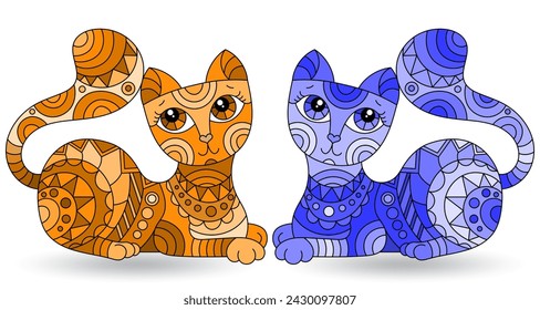 Set of stained glass elements with a cats , isolated images on white background, tone blue and brown