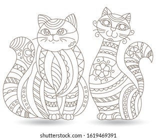 Set of stained glass elements with contour cats , isolated images on white background