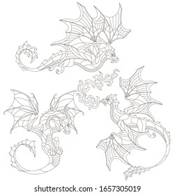 Set of stained glass elements with contour winged dragons, isolates on white background