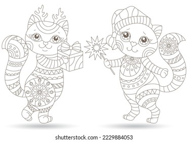 Set of stained glass elements with contour cats , isolated images on white background