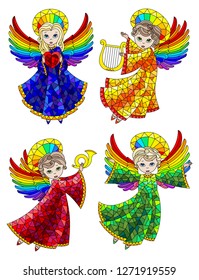 A set of stained glass  elements, cute   cartoon angels  , coloured figures on a white background