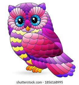 Set of stained glass elements with cute owl, pink cartoon bird isolated on white background