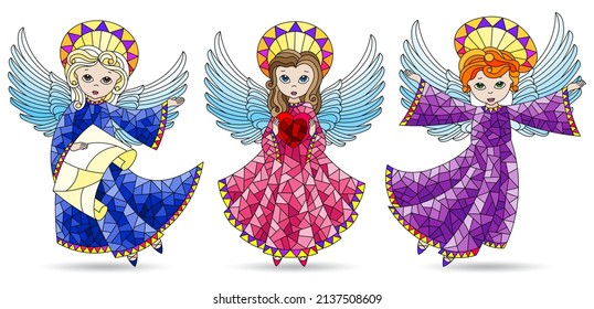 A set of stained glass  elements, a cute cartoon angels, coloured figures on a white background
