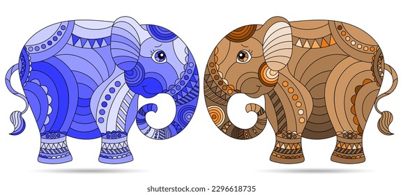 Set of stained glass elements with elephants , isolated images on white background, tone brown and blue
