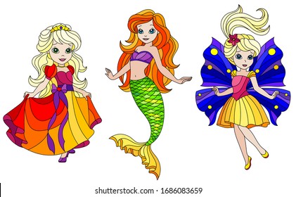 Set of stained glass elements with fairy tale characters, Princess, fairy and mermaid, isolated on white background