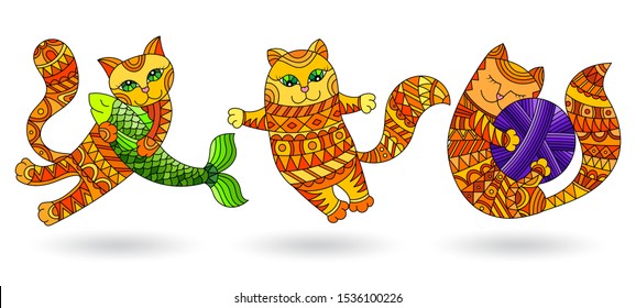 Set of stained glass elements with funny red cartoon cats, isolated images on white background