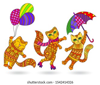 Set of stained glass elements with funny red cartoon cats, isolated images on white background