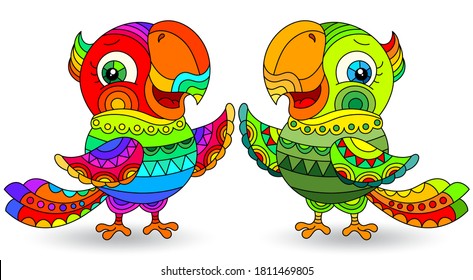Set of stained glass elements with funny cartoon  parakeets , isolated images on white background