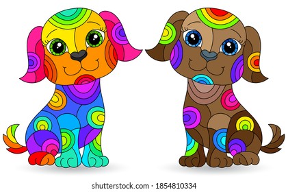 Set of stained glass elements with funny cartoon dogs , isolated images on white background