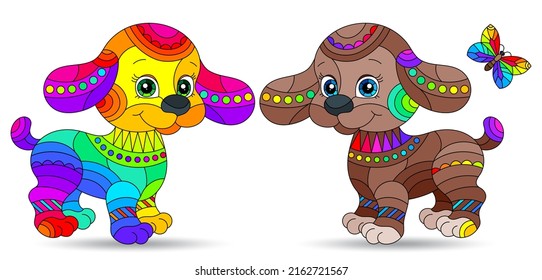 Set of stained glass elements with funny cartoon dogs , isolated images on white background