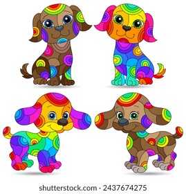 Set of stained glass elements with funny cartoon dogs , isolated images on white background