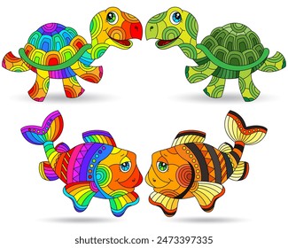 Set of stained glass elements with funny cartoon  turtles and fishes , isolated images on white background